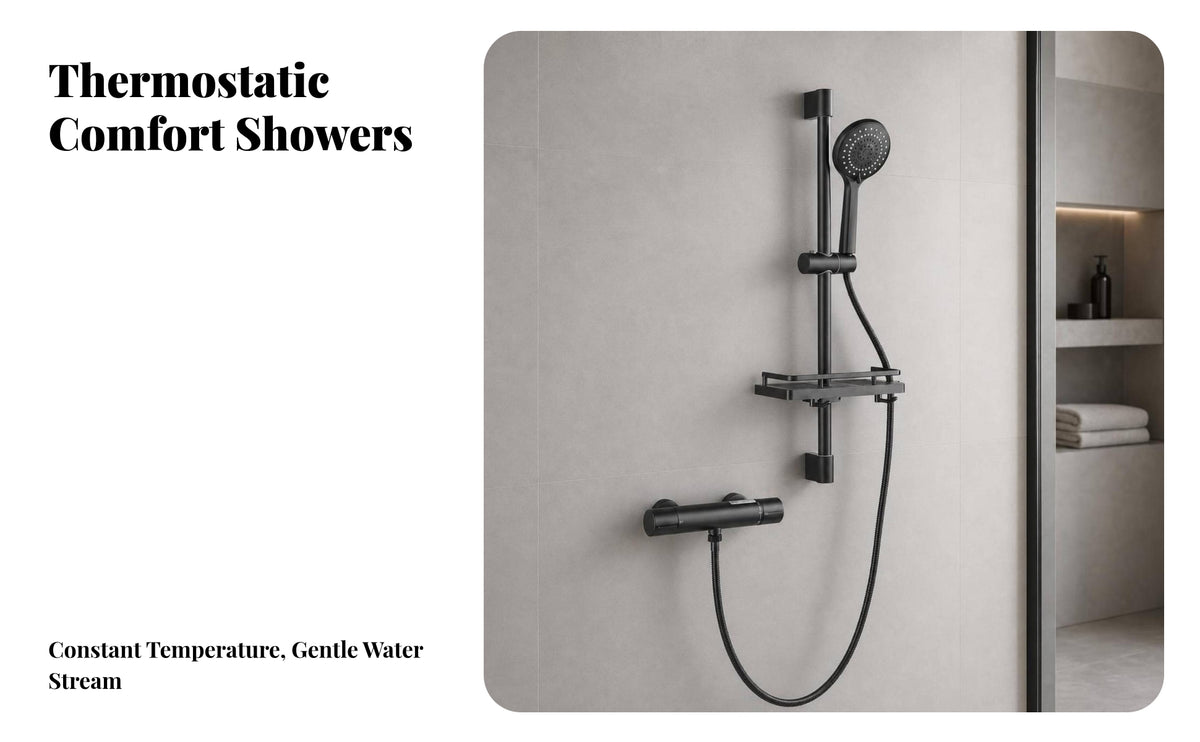 Wall-Mounted Shower Kit with Shelf | Matte, Thermostatic Shower Mixer, for bath