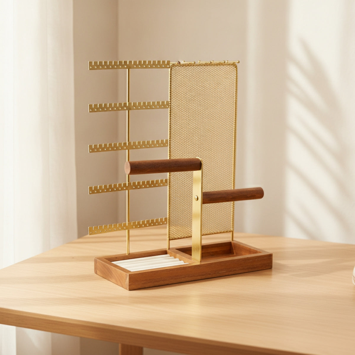 Multifunctional Jewelry Organizer Stand with Wooden Base Vertical Necklace Display with Hooks Space-Saving Earring Holder with Mesh Panel Compact for Dresser