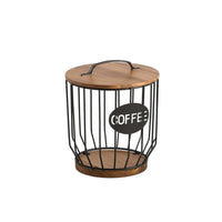 Wire Storage Basket with Lid Wooden Coffee Capsule Holder with Handle Decorative