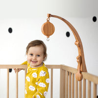Newborn Crib Mobile Bracket with Music Box, Wood Grain Finish, Adjustable Height, Foldable