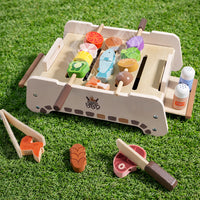 Wooden Kids BBQ Grill Play Set with Simulated Food and Rotating Feature