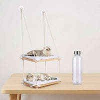 Cat Hammock Window Perch with 2 Levels, Solid Wood Hanging Bed for Large Indoor Cats, Suction Cup Mounted Smooth Textile Double Tier Rest Area
