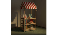 Striped Awning Children's Book and Toy Organizer Natural Wood House-Style Shelf Freestanding Children's Toy Rack Accessible Design