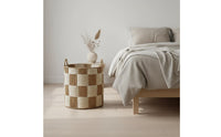 Woven Laundry Hamper Handwoven Round Blanket Basket Sturdy Handles Checkered Storage Bin for Living Room