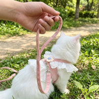 Cat Harness and Cat Leash Set with 1.5m Leash, Pink Nylon Harness for Small Medium Pets, Cute JK Style Outdoor Walking Harness for Cats