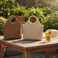 Round Handle Straw Bag Handmade Straw Tote Bag Large Capacity for Commuting