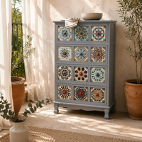 Wooden Storage Cabinet Geometric Vintage Cabinet Wooden Sideboard Tile-Like Sturdy Legs Decorative