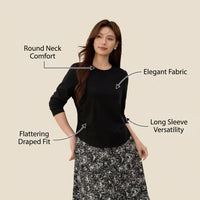 Womens Tops with Pleated Design and Round Neckline for Party and Casual Wear, Plus Size Blouses for UK, Long Sleeve Polyester