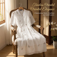 Chinese Dresses for Women Two Piece Traditional Embroidered Dress Set with Floral Pattern, Three Quarter Sleeve Casual Wear for Spring Summer