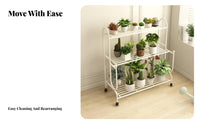 Three-Tier Rolling Plant Trolley Multitier Design Flower Rack 360-Degree Rotating Wheels Large Capacity for Homeowners, Florists