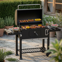Trolley Briquette Barbecue Side Shelves Barbecue Grill with Lid Door Outdoor Cooking