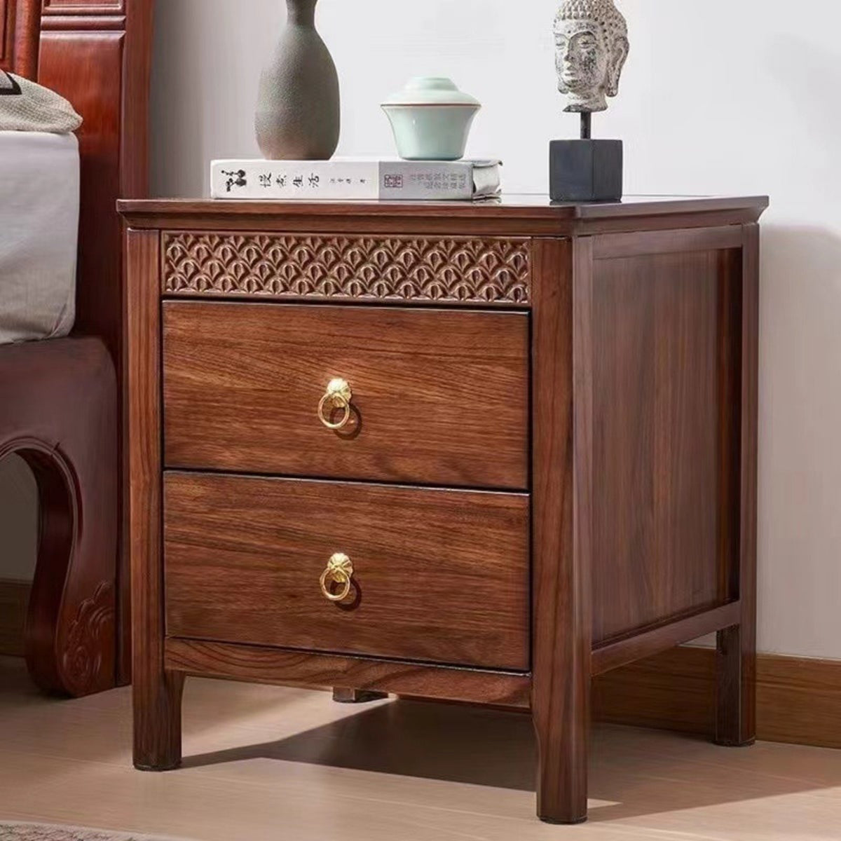 Solid Wood Nightstand 2-drawer Bedside Cabinet Table Elegant Light Design Sturdy Construction Carved Details Suitable for Adults Guest Room Small Areas Hotel