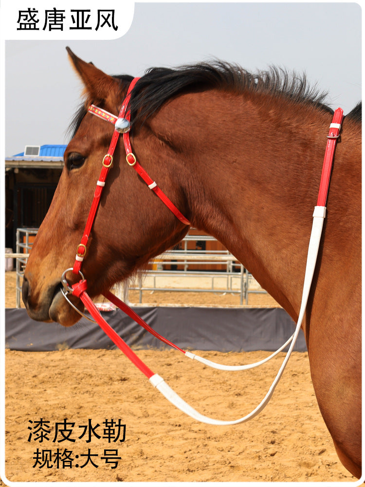 Lacquered Leather Bridle with Browband and Bit Adjustable Horse Reins Equestrian Equipment