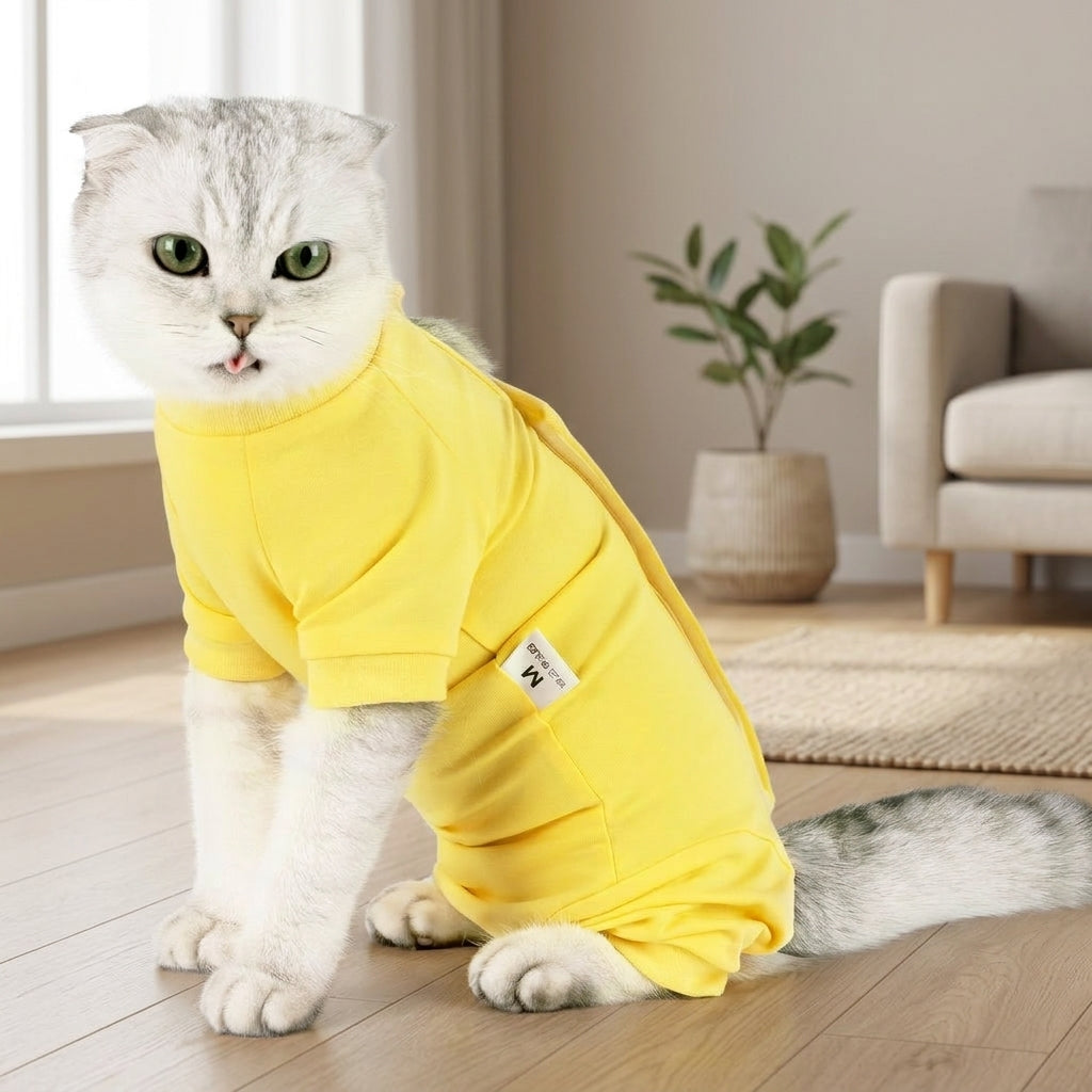 Cat Recovery Suit with Fasteners, Four-Leg Design Long Sleeve Polyester Fiber Outfit, Post Surgery Cat Clothes for Recovery and Weaning Use