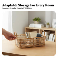 Woven Rectangular Bin with Handles Imitation Rattan Design for Kitchen, Students