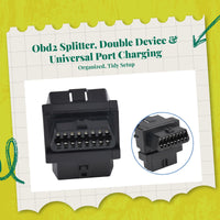 OBD2 Splitter, 1 to 2 Extension wire, 16-Pin OBD2 Y Splitter, Flat Extension Adapter with toggle toggle, Data Port Fast Charging, Compatible with Diagnostic Devices