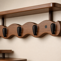 Mini Wall Mounted Coat Rack with Shelf, Brown Wood Key Holder Wall Mount, Wave Design Hallway Organiser Hooks, Screw-in Metal