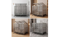 Stainless Steel Dog Crate with Feeding Bowls Rust-Resistant Dog Crate with Wheels Lockable Pet Furniture Easy to Clean for Indoor