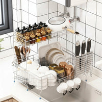 Extendable Dish Rack with Knife Block, 304 Stainless Steel Double Layer Design, Light Luxury Style Over the Sink or Countertop Kitchen Storage