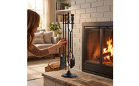 4 Pieces All Black Fireplace Tool Set with Stand Solid Fireplace Tool Set with Fire Iron Sturdy Hardware Heavy Duty for Homeowners, Hearth, Wood Wood-Burning Appliance