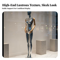 Flat Shoulder Design Full Body Female Mannequin Futuristic Design Electroplated Display Figure Shiny Finish Mannequin for Boutique Owners, Retail Merchandisers, Fashion Designers, Exhibition Room, Trade Exhibition, Photography Studio