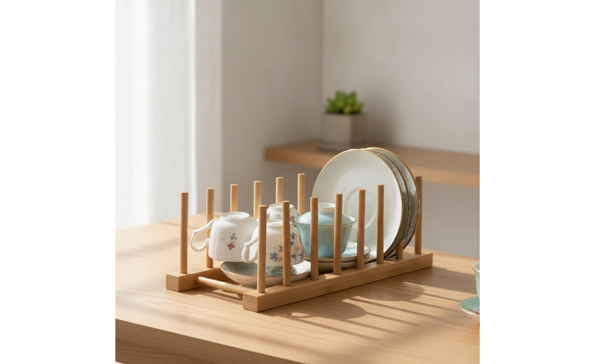 Bamboo Dish Rack Wooden Bamboo Plate Rack Vertical Plate Holder for Kitchen, Countertop, Pantry