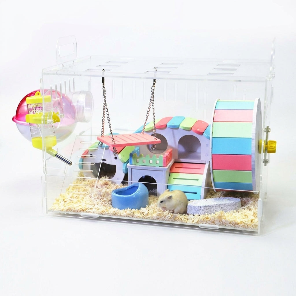 Acrylic Hamster Cage Villa, Transparent Multi Level Habitat with Wheel and Ramp, Large Interactive Tier Design for Dwarf Hamster and Pet Mice