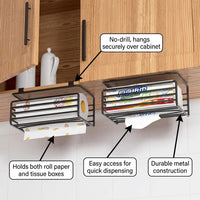 Cupboard Under Cabinet Paper Towel Holder, Hanging Space Savers for Kitchen, No-Drill Dispensing Roll Multi-functional Metal for Convenient Storage