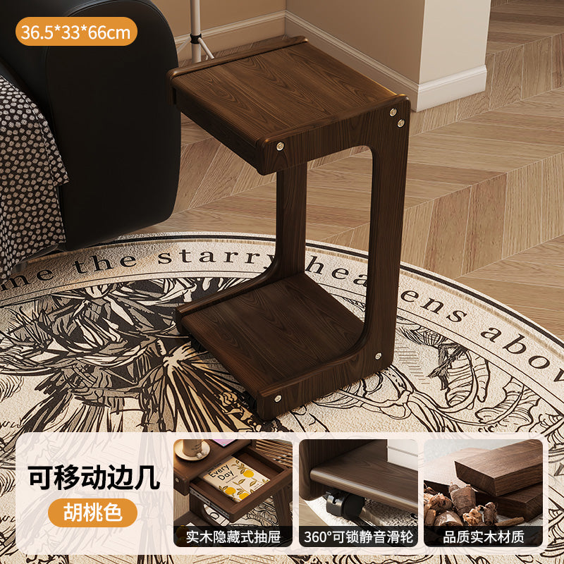 实木C型边几可移动茶几角几床边床头桌沙发边客厅带轮置物架边柜