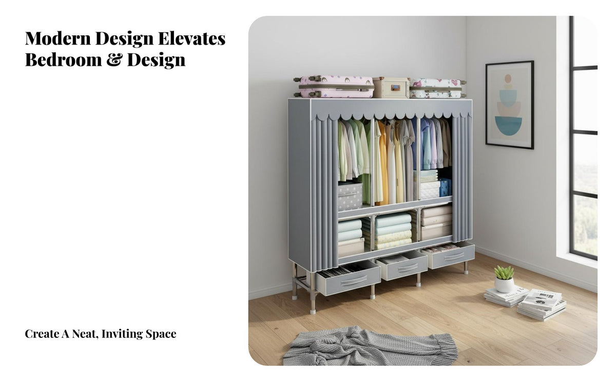 Reinforced Steel Frame Textile Wardrobe with Drawers Sturdy and Long-Lasting Textile Drawer Single-Unit Stable Structure Portable Closet Easy to Assemble for Students, Homeowners, Dorm Room, Apartment, Entryway, Playroom