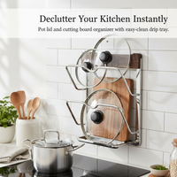 Walnut Wood & 304 Stainless Steel Wall-Mounted Pot Lid Holder with Drip Tray, No-Drill Kitchen Organizer for Cutting Boards