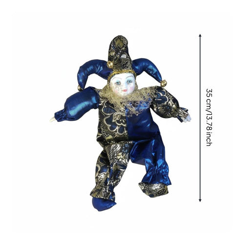 Smiling Clown Doll Handmade Poseable Harlequin Doll Colorful Costume Hanging Clown Figurine for Collectors, Desktop, Shelf