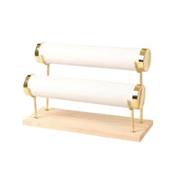 Double-Tier Bracelet Display Stand Leather-Wrapped Wooden Bracelet Stand Countertop Bangle Display Minimalist for Collectors, Dresser