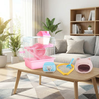 Hamster Cage and Syrian Hamster Habitat, 2-Tier Square Cartoon Style Golden Hamster Cage, Beginner Small Hamster Set for Indoor Use