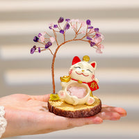 Lucky Cat Natural Crystal Money Tree Figurine, Cute Cat Desk Decor for Home and Office