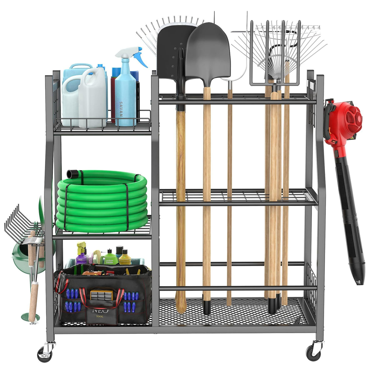 Garden Tool Storage Rack with 3-Tier Shelving for Garage and Yard
