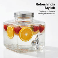 Glass Drink Dispenser with Spigot, 8L Beverage Dispenser with Bamboo Wood Base, Cold Drink Dispenser for Home, Party Bar, Fruit Tea Dispenser