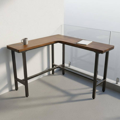 L-Shaped Bar Table Minimalist Design Corner High Desk Modern Design Solid Wood Balcony Table for Couples, Adults, Living Room, Kitchen