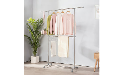 Adjustable Height Double-Layer Drying Rack Compact Clothes Drying Rack with Wheels Multi-Functional Furniture Stable for Balcony