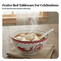 Ceramic Bowl, Red Festive Tableware, Blessing Design, Wedding, Housewarming