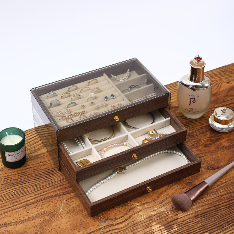 Walnut Wood Grain Jewelry Storage Box, 3 Layers, Large Size