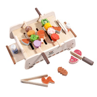 Wooden Kids BBQ Grill Play Set with Simulated Food and Rotating Feature