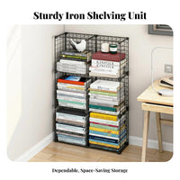 Narrow Floor Bookshelf Multi-Layer Design Metal Grid Shelf Space Saving