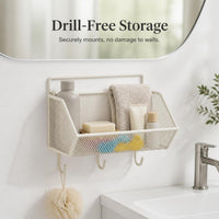 Wall-Mounted Bathroom Shelf with Hooks, No-Drill Shower Caddy for Toiletries and Storage