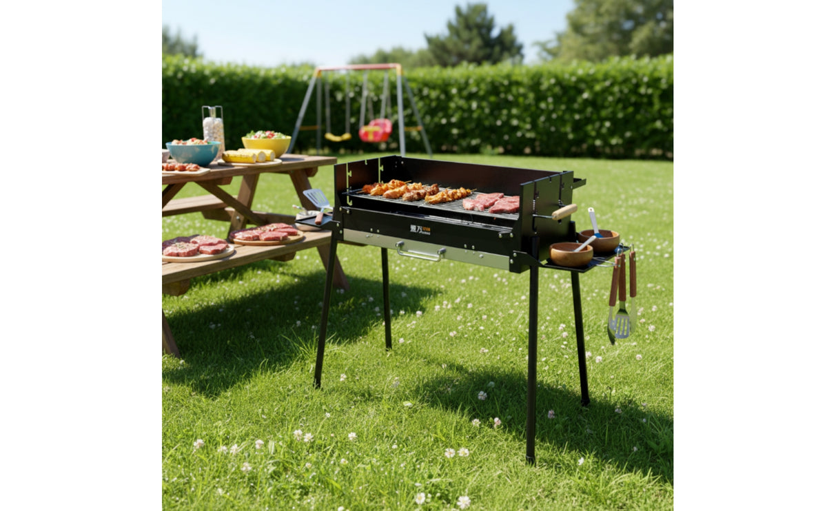 Stainless Steel Charcoal Barbecue Grill with Side Shelves Heat-Resistant Charcoal Grill with Side Tables Compact Heavy-Duty for Campers, Camping, Backyard