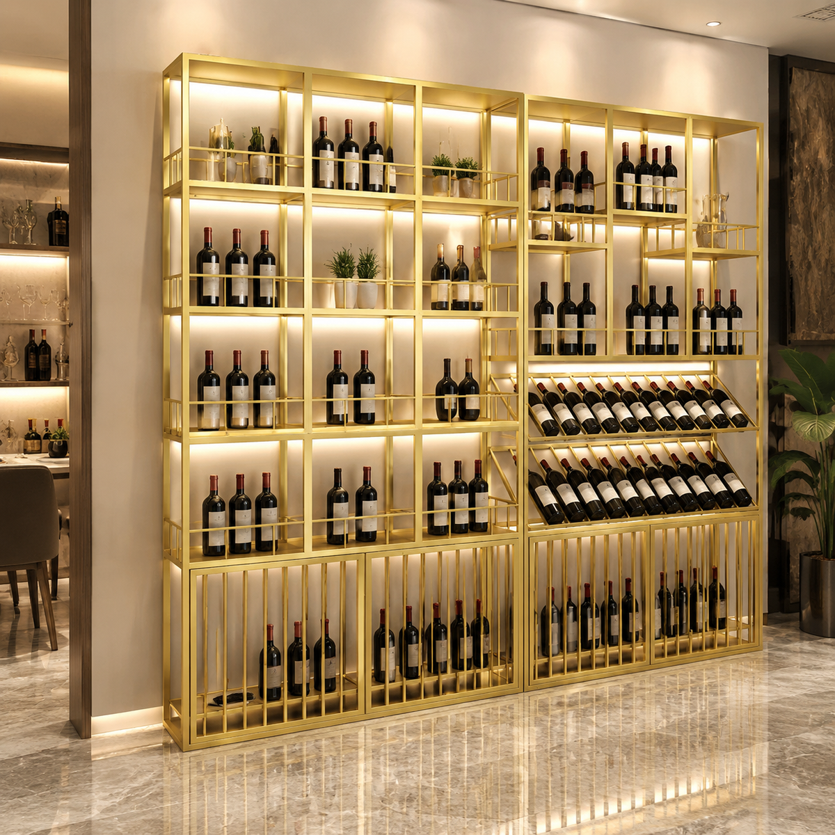 Metal Wine Display Rack System, 240x30x210cm Wine Bottle Holder, Commercial Wine Storage for Restaurant, European Design Wine Rack