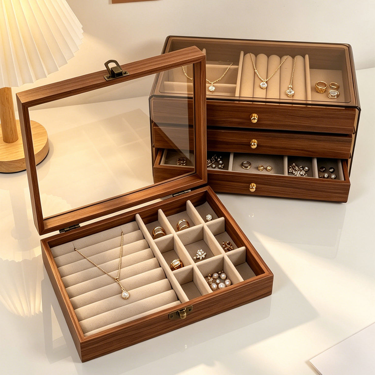 Vintage High-End Wooden Jewelry Box with Photo Frame for Rings, Necklaces, Earrings, and Bracelets