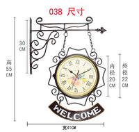 European Iron Art Double-Sided Wall Clock Hanging Clock Creative Pastoral Wall Clock Modern Living Room Bedroom Silent Large