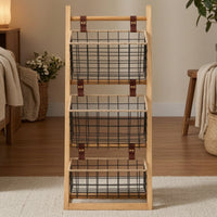 Wooden Rack with Wire Baskets Versatile Storage Rack with Baskets Sturdy Basket Stand, for Reading Corner
