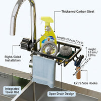 Faucet Rack and Sink Organizer for Kitchen Organization, Integrated Wall Mounted Storage with Dishcloth Rod and Hooks